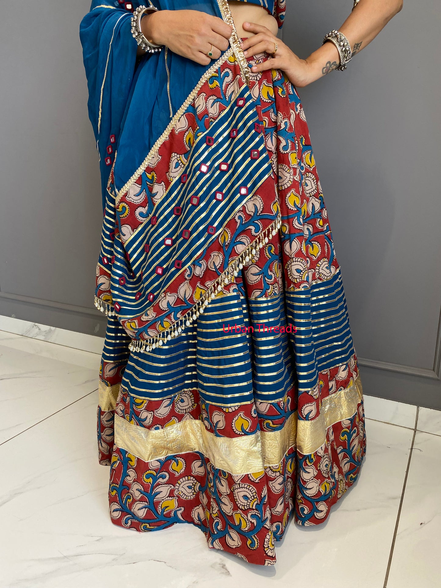Blue and Marron Cotton Kalamkari Chaniya Choli