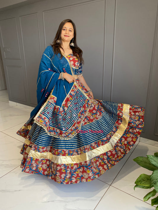 Blue and Marron Cotton Kalamkari Chaniya Choli
