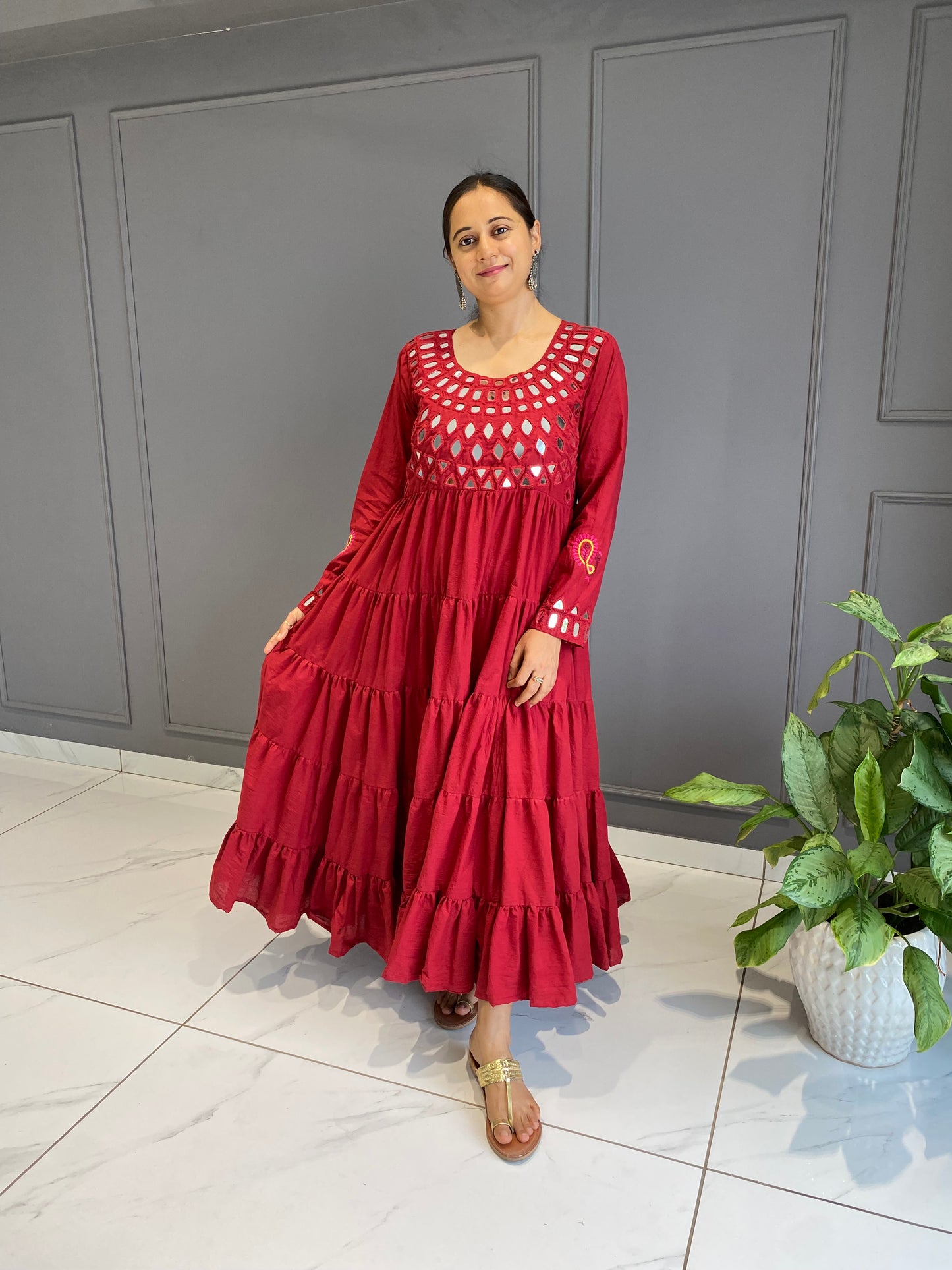 Red Cotton Mirror Work Long Dress