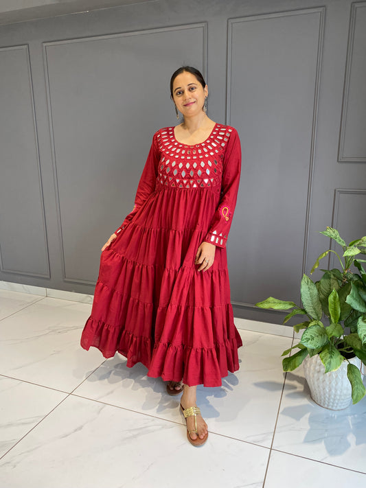 Red Cotton Mirror Work Long Dress