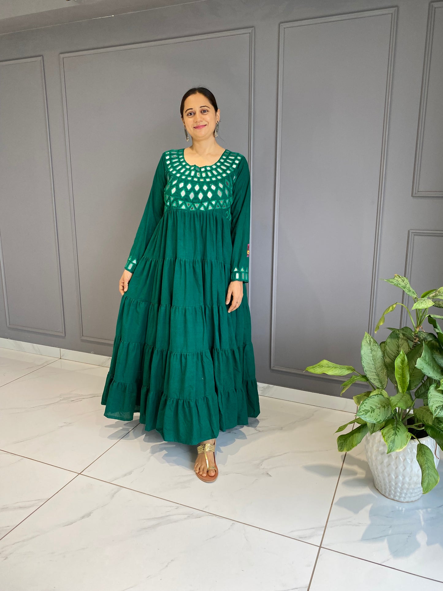 Green Cotton Mirror Work Long Dress