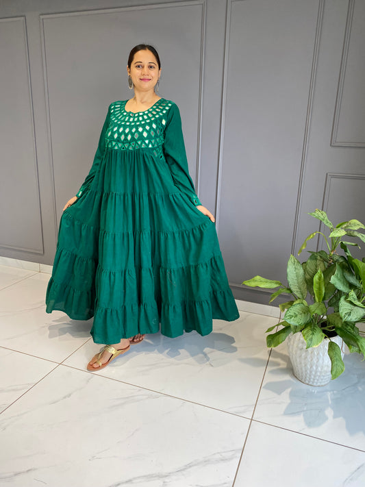 Green Cotton Mirror Work Long Dress