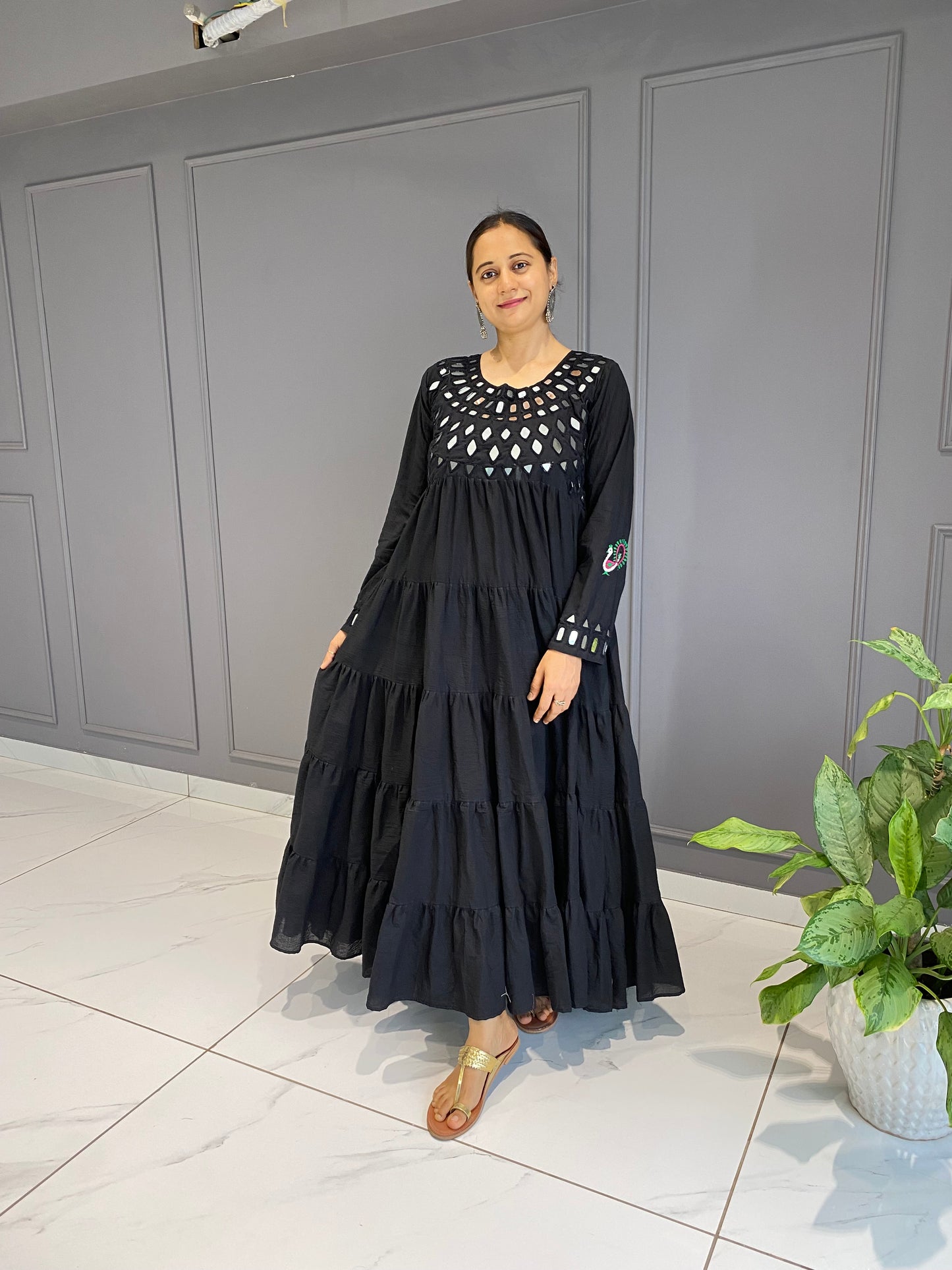 Black Cotton Mirror Work Long Dress