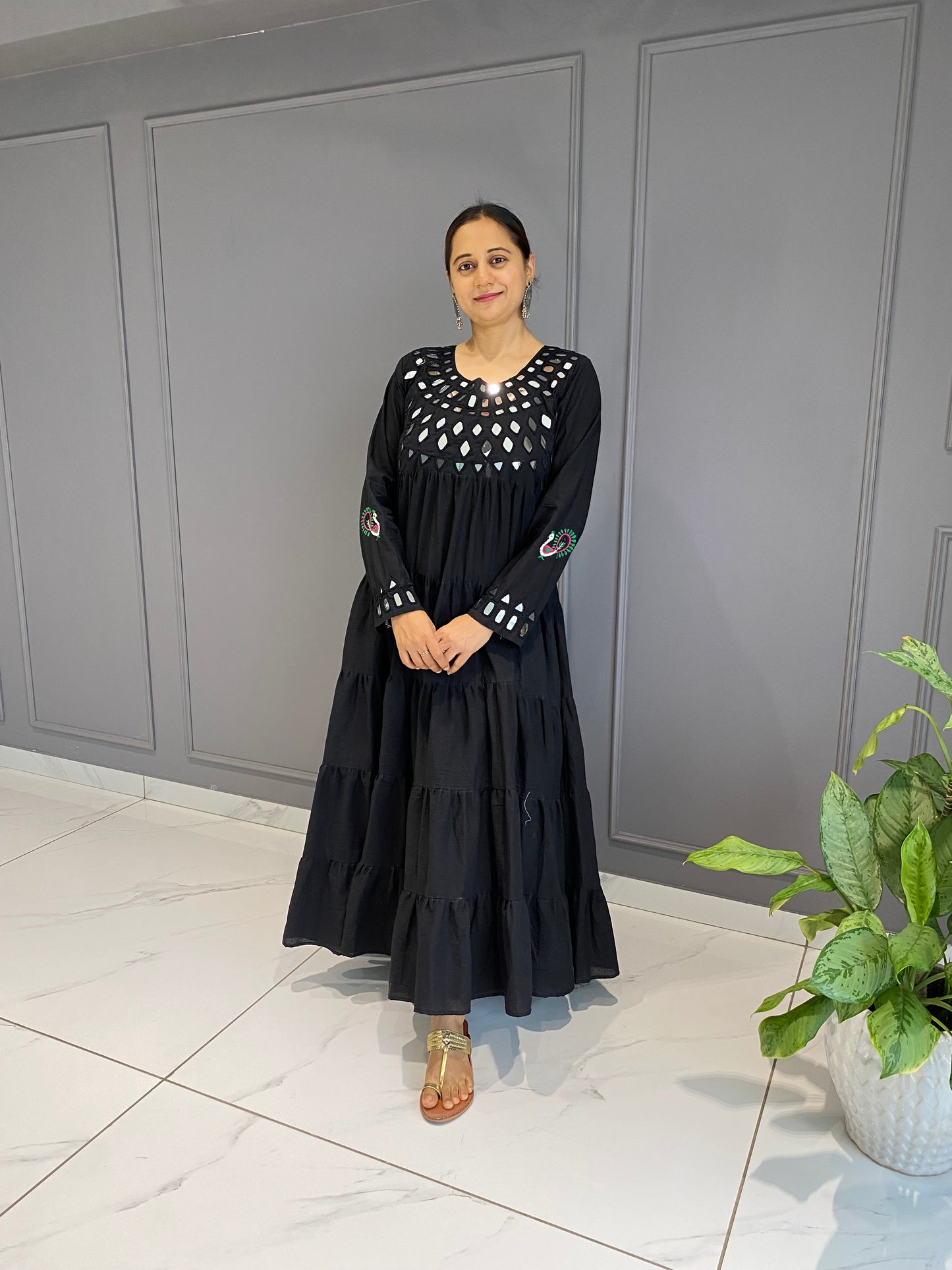 Black Cotton Mirror Work Long Dress