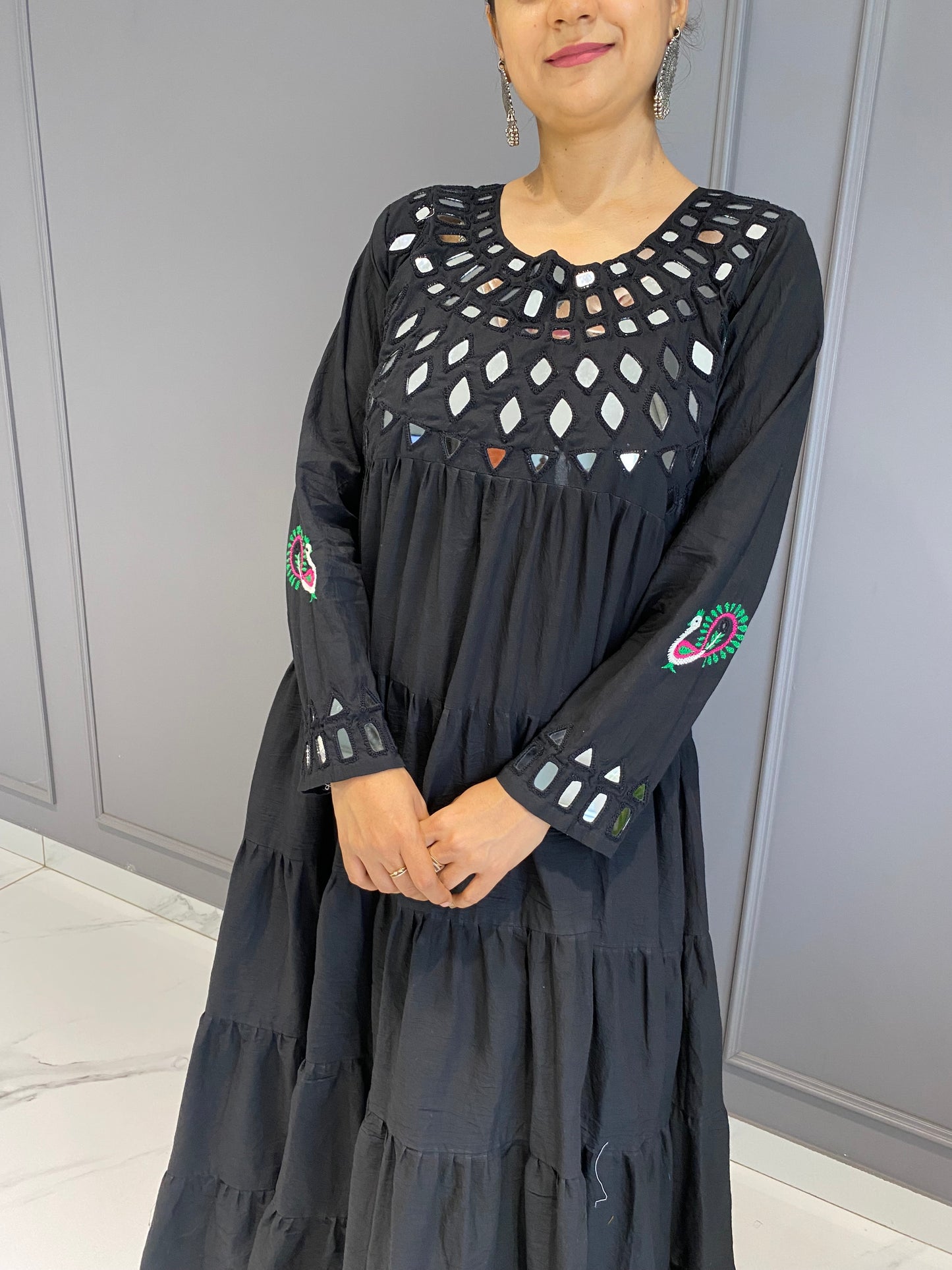 Black Cotton Mirror Work Long Dress
