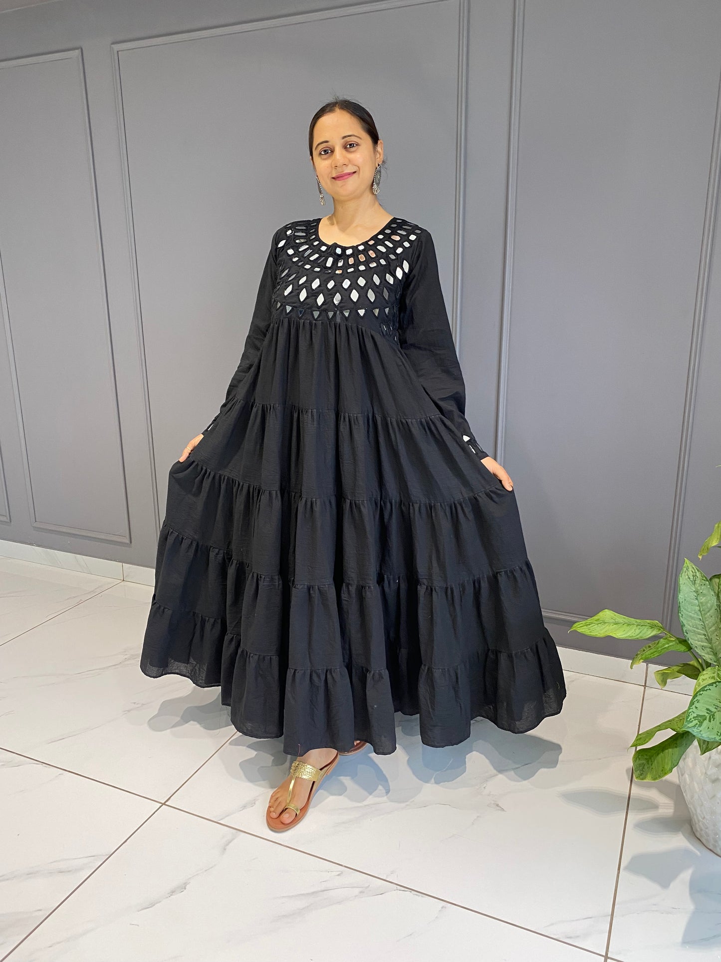 Black Cotton Mirror Work Long Dress