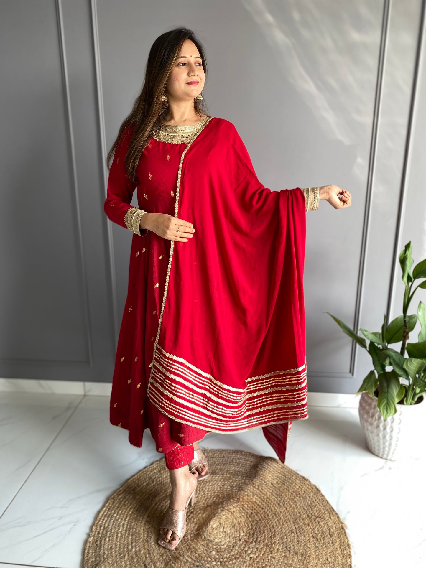 Red Cotton Anarkali Suit Set