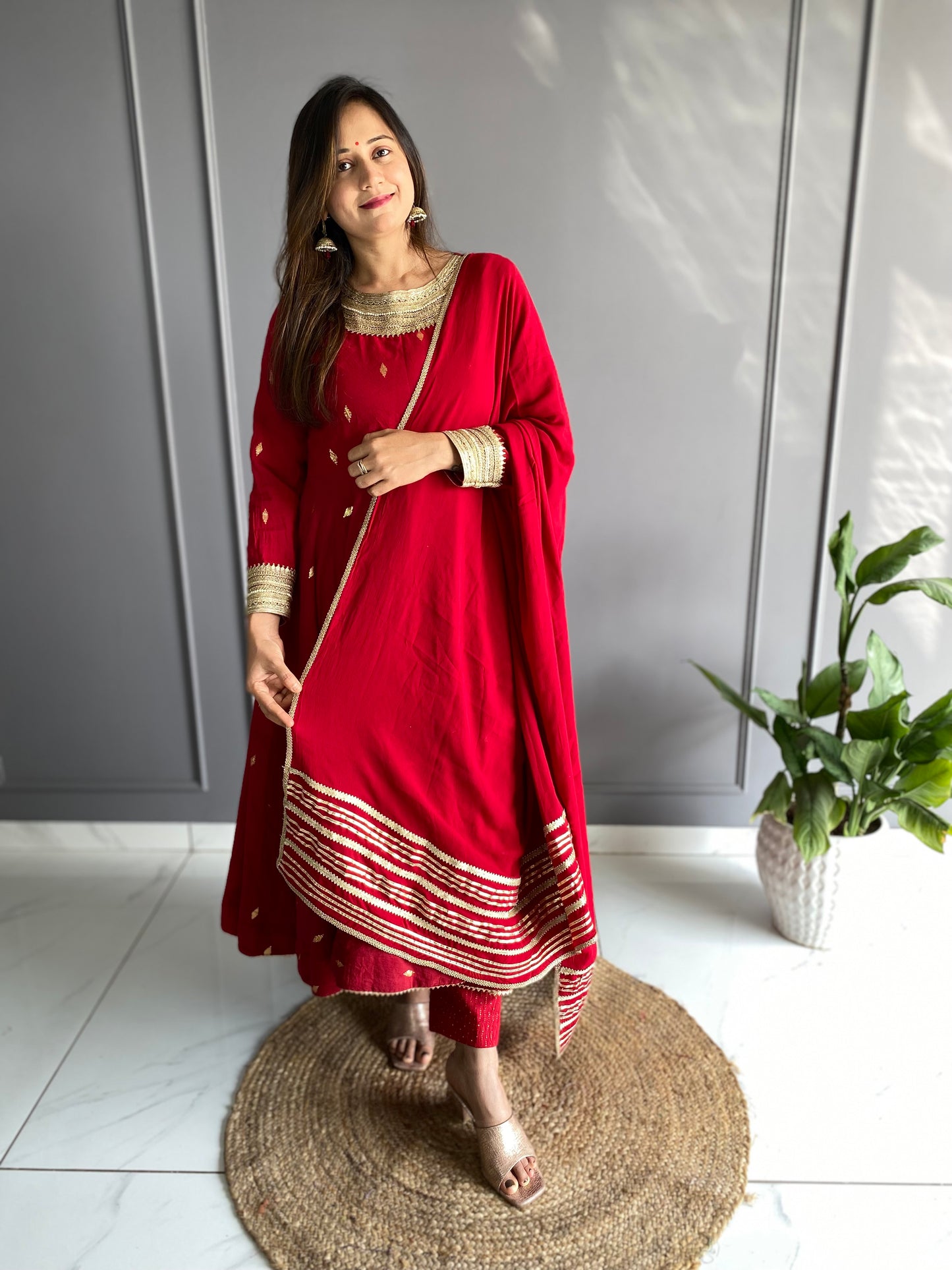 Red Cotton Anarkali Suit Set