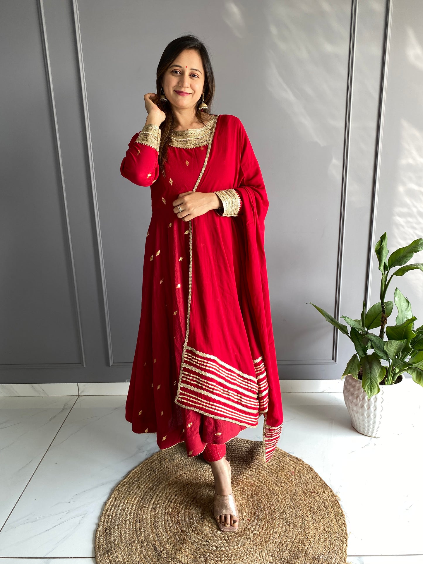 Red Cotton Anarkali Suit Set