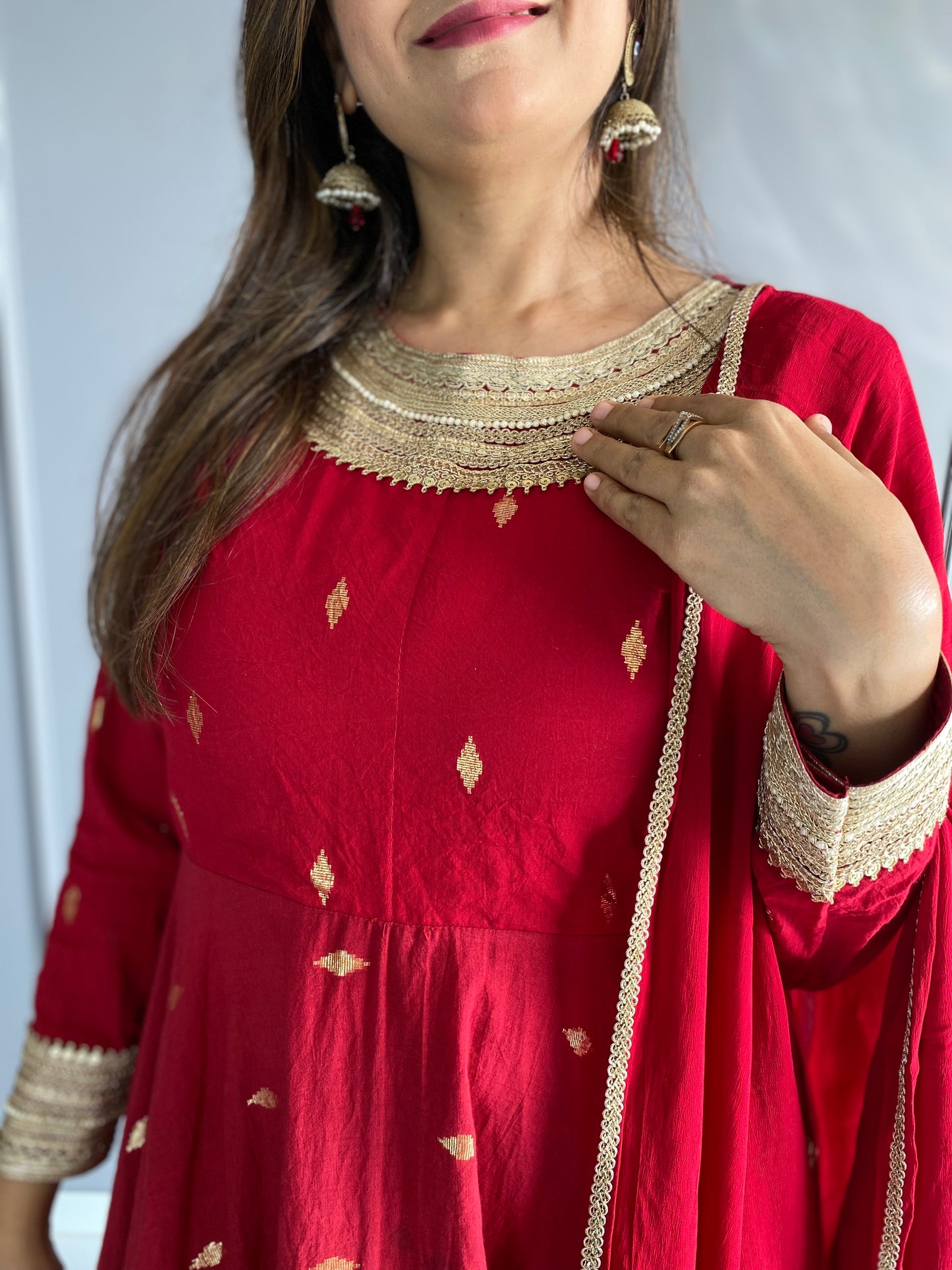 Red Cotton Anarkali Suit Set