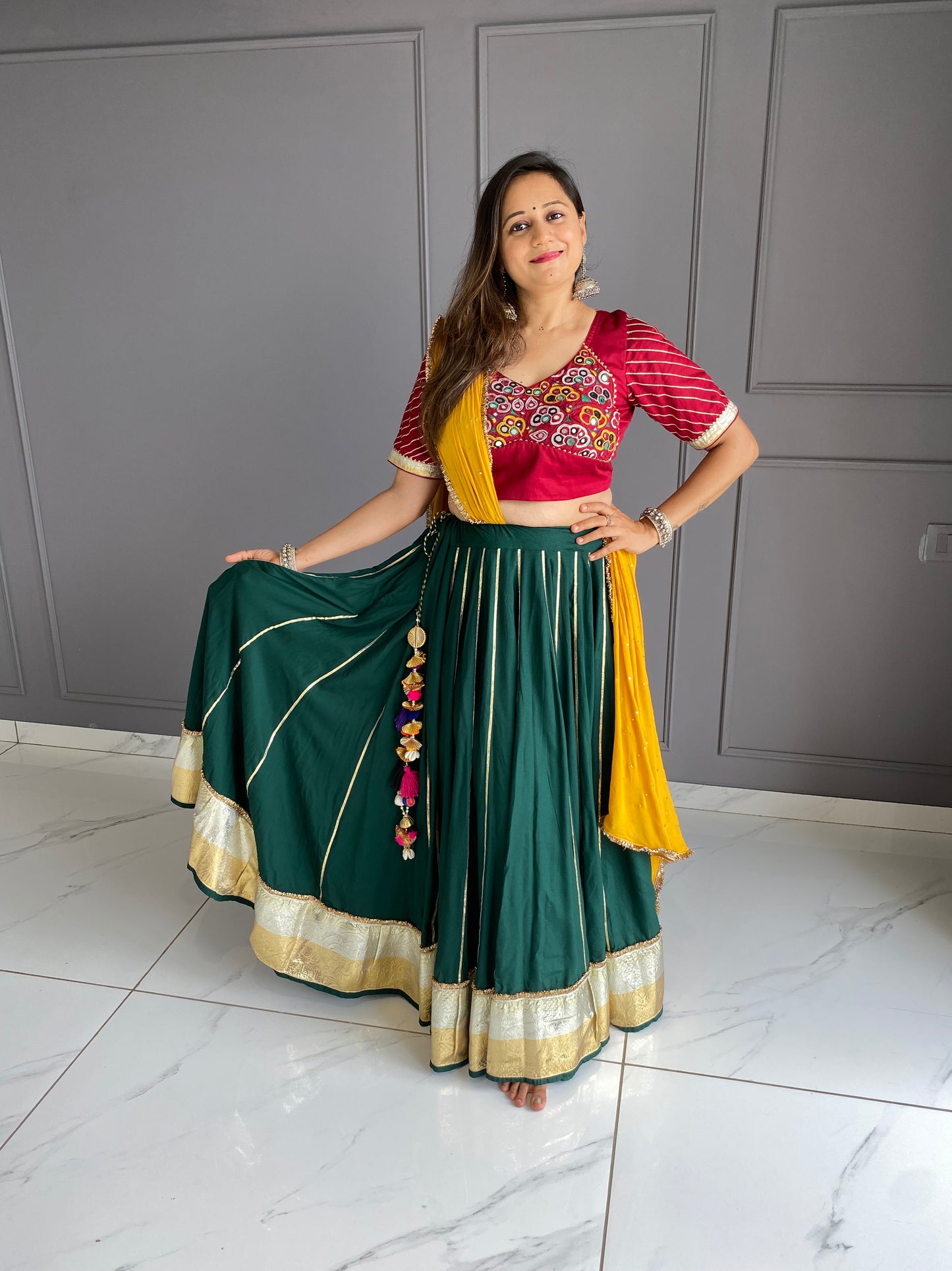 Gamthi Green Red Yellow Chaniya Choli