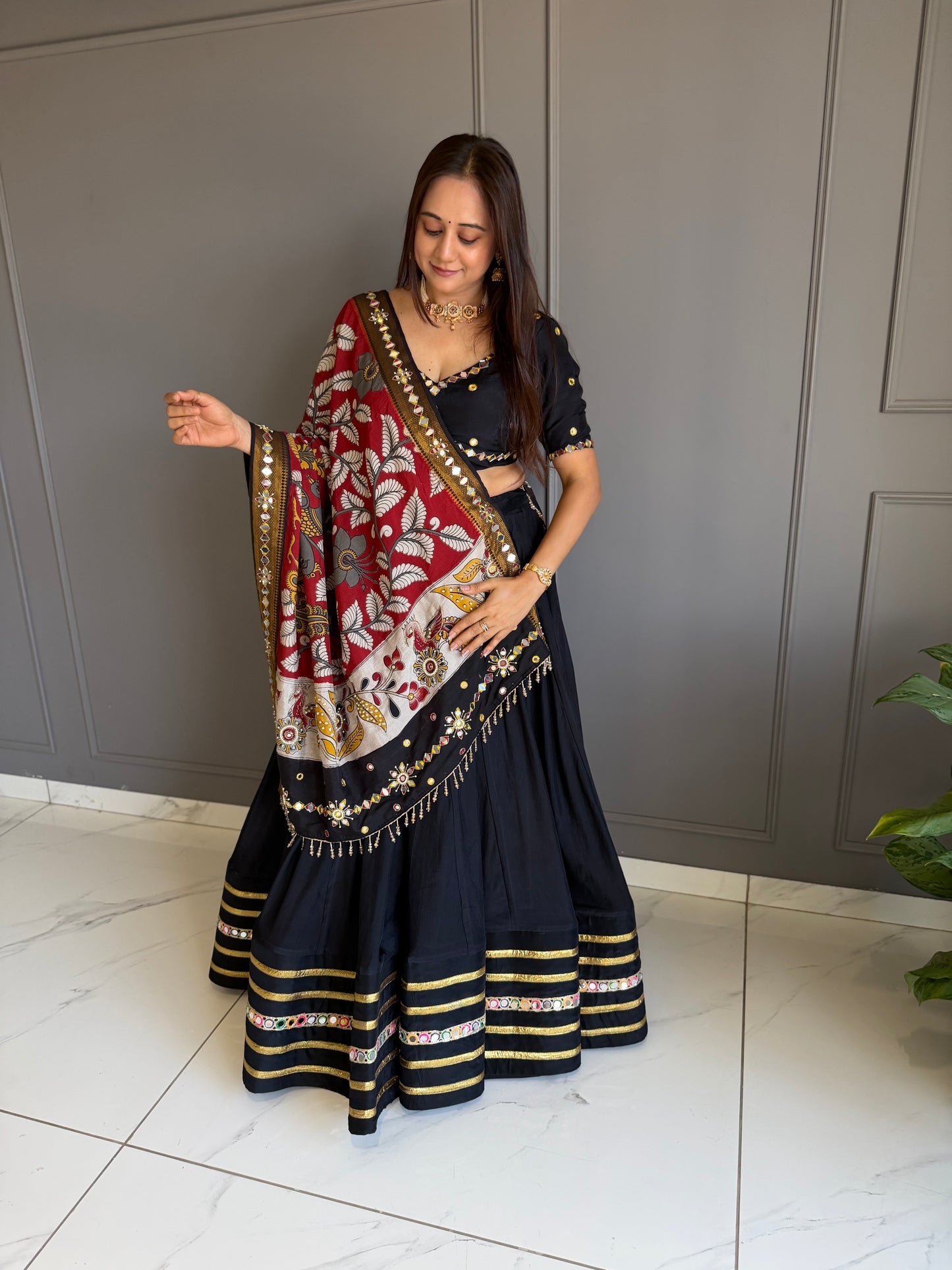 Black Maroon Kalamakari Duppatta Chaniya Choli Set
