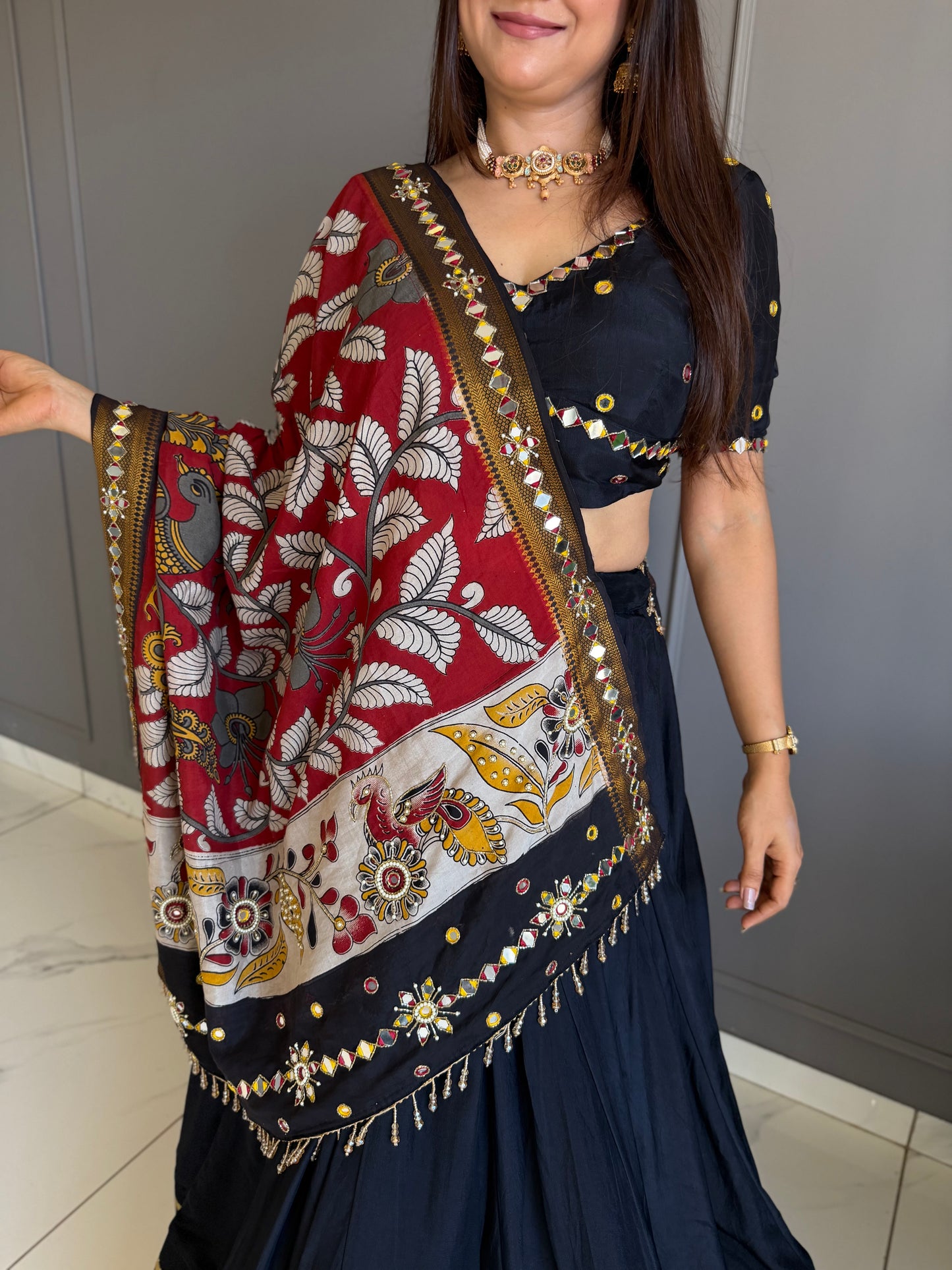 Black Maroon Kalamakari Duppatta Chaniya Choli Set