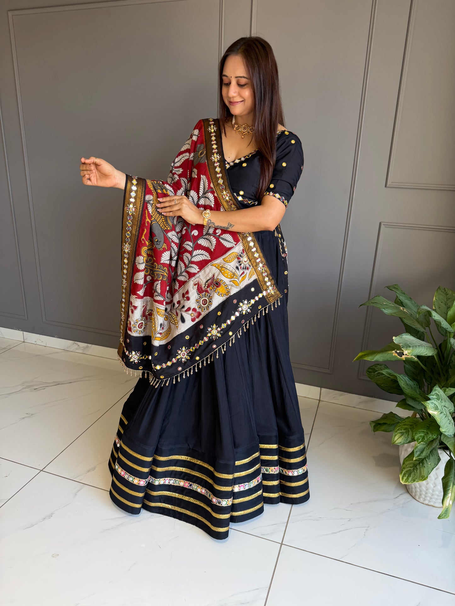 Black Maroon Kalamakari Duppatta Chaniya Choli Set