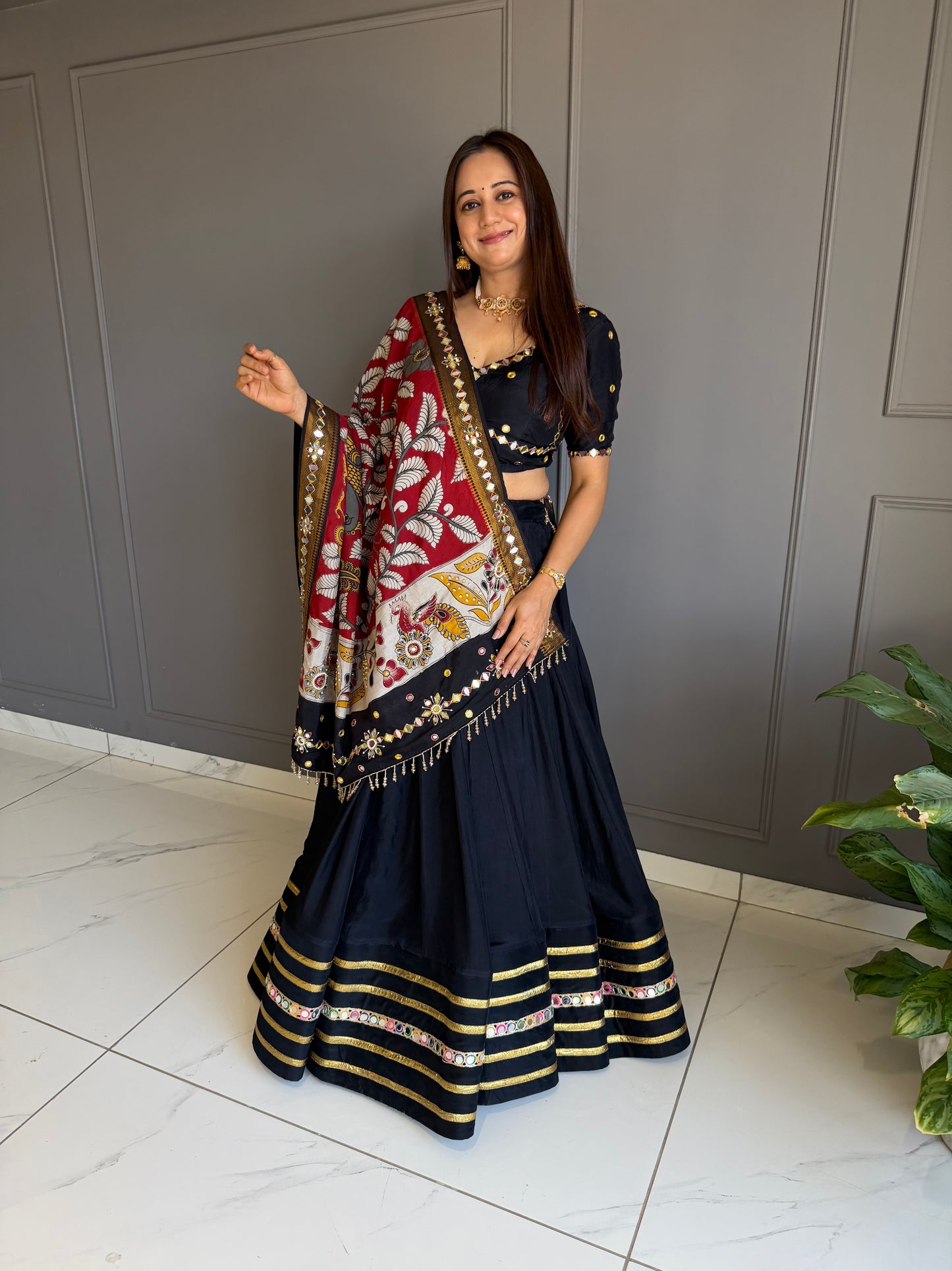 Black Maroon Kalamakari Duppatta Chaniya Choli Set